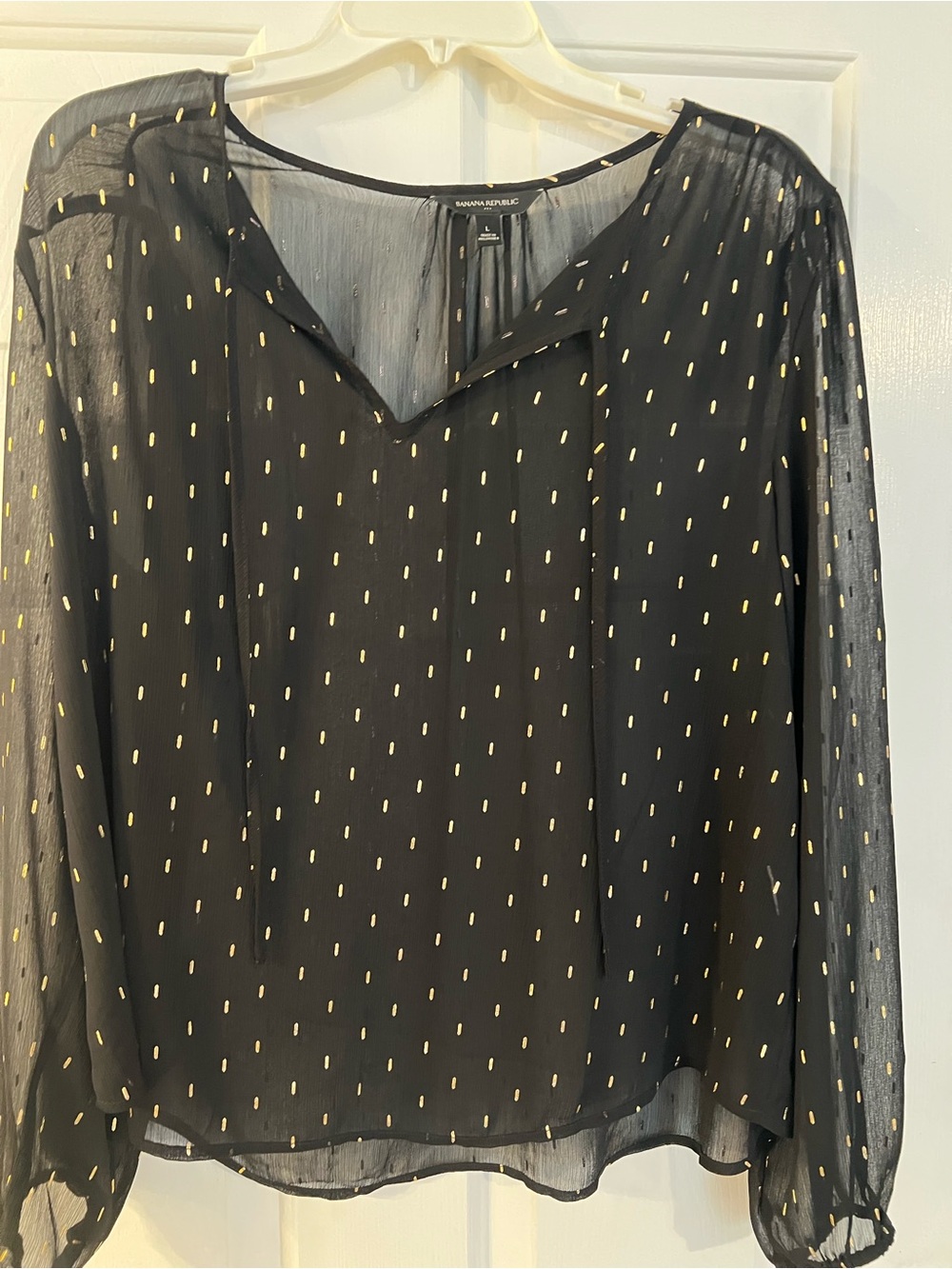 Banana Republic Black Sheer Blouse with Gold Dash Print Size Large
